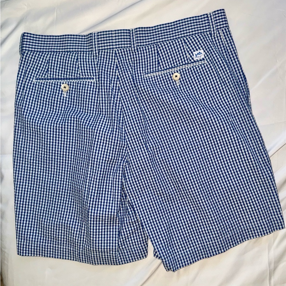 Southern Tide Blue and White Checkered Men's Flat Front Shorts - Picture 2 of 4